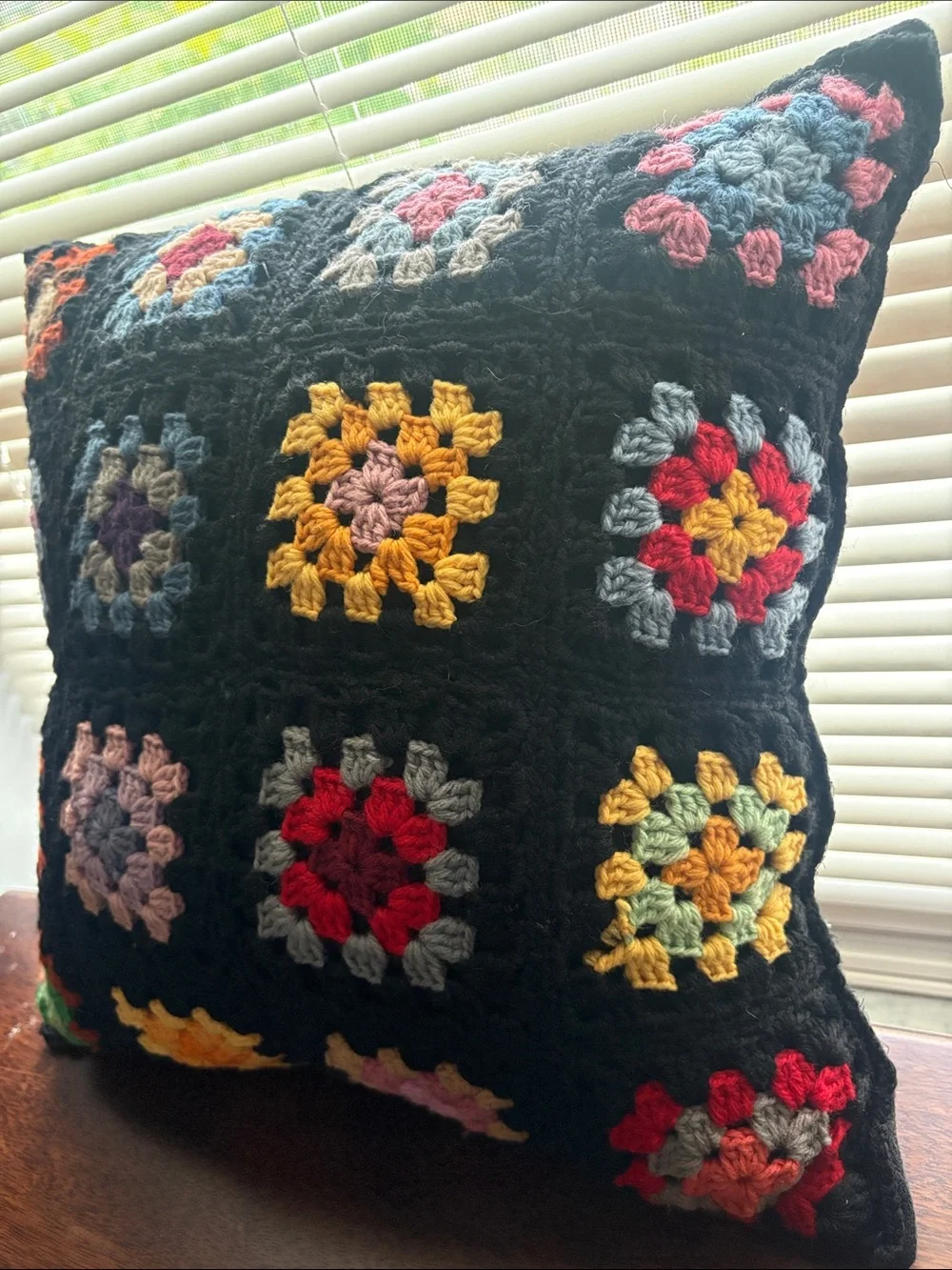 Handmade Crochet Granny Square Pillow - Black with Multicolor Squares